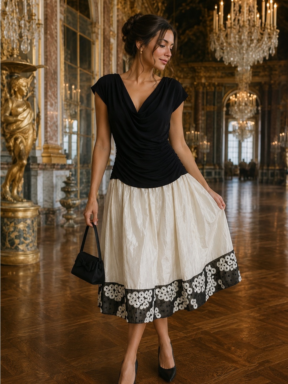 S.L. Fashions Cream Midi Skirt with Black Floral Border M